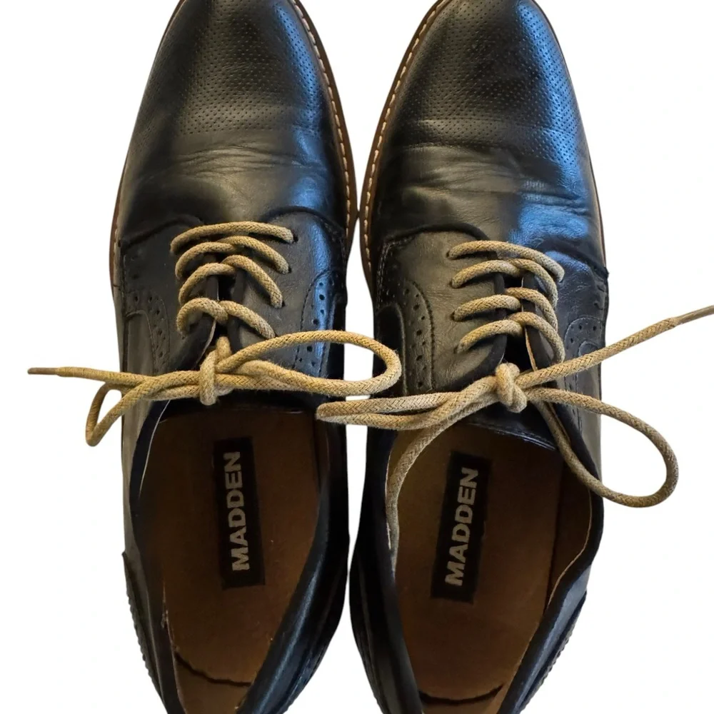 Steve Madden Men’s Black Leather Oxford Shoes – Bobby Lace-Up Workwear Dress 7.5